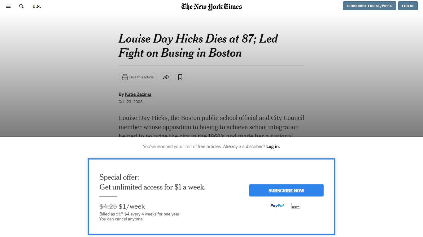 Louise Day Hicks Dies at 87; Led Fight on Busing in Boston